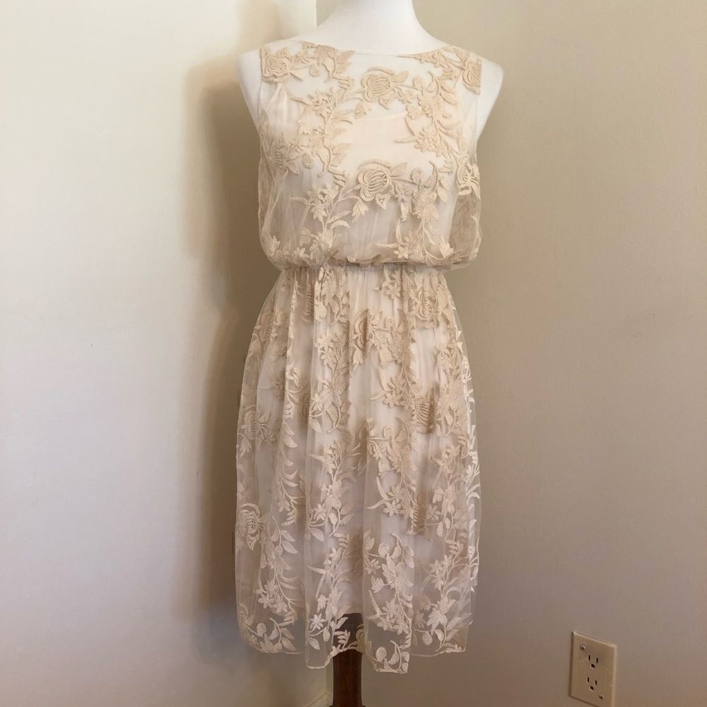 Alice + Olivia Embroidered Floral Cream Lace Dress